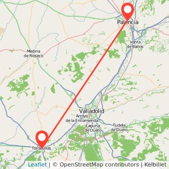 Mapa del viaje Palencia Tordesillas en bus