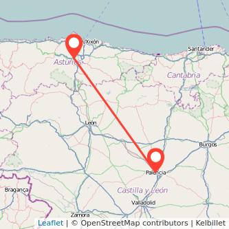 Mapa del viaje Palencia Oviedo en tren