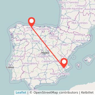 Mapa del viaje Oviedo Villena en tren