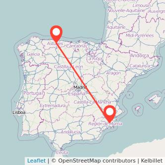 Mapa del viaje Oviedo Murcia en bus