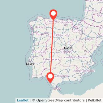 Mapa del viaje Oviedo Cádiz en tren