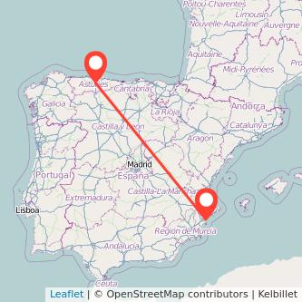 Mapa del viaje Oviedo Alicante en tren