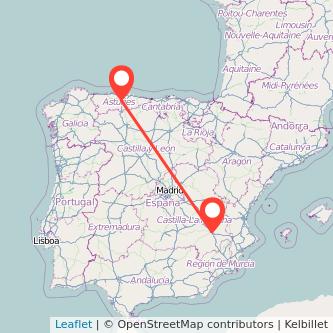 Mapa del viaje Oviedo Albacete en tren