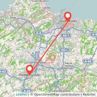 Mapa del viaje Oviedo Gijón en tren