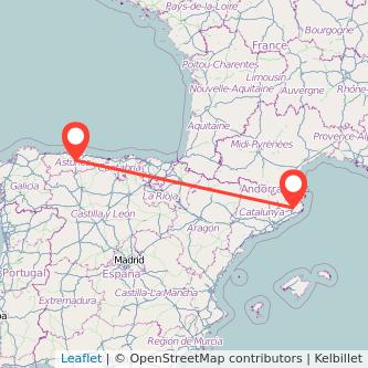 Mapa del viaje Oviedo Girona en bus