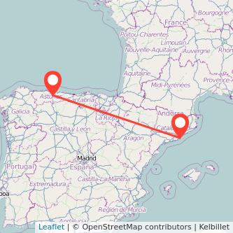 Mapa del viaje Oviedo Barcelona en tren