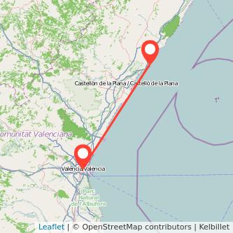 Mapa del viaje Oropesa del Mar Valencia en tren