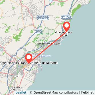 Mapa del viaje Oropesa del Mar Castellón en tren