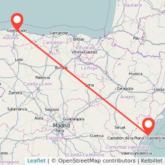 Mapa del viaje Oropesa del Mar Gijón en tren