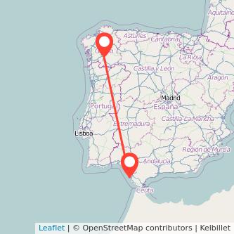 Mapa del viaje Ourense Cádiz en tren