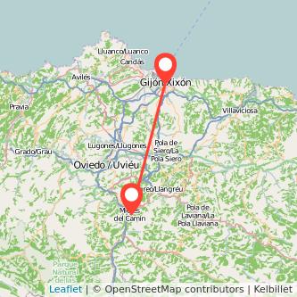 Mapa del viaje Mieres Gijón en tren
