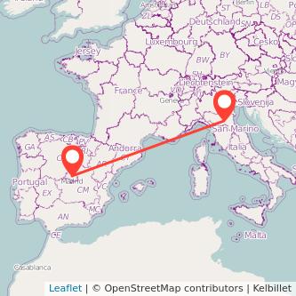Mapa del viaje Madrid Bolonia en bus