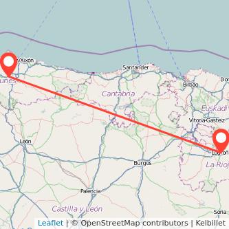 Mapa del viaje Logroño Oviedo en tren