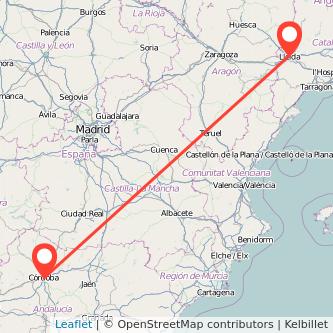 Mapa del viaje Lérida Córdoba en tren