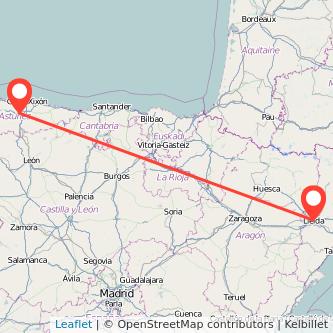 Mapa del viaje Lérida Oviedo en tren