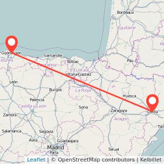 Mapa del viaje Lérida Gijón en tren