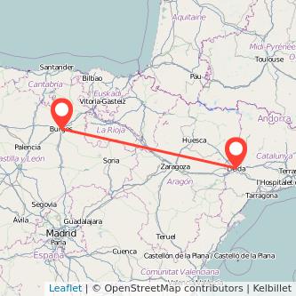 Mapa del viaje Lérida Burgos en tren