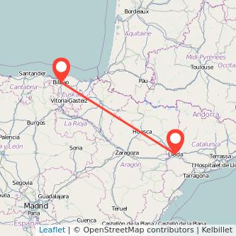 Mapa del viaje Lérida Bilbao en tren