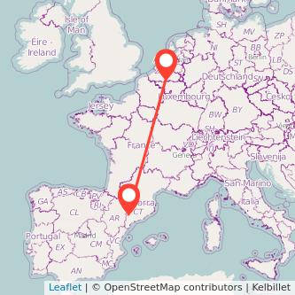 Mapa del viaje Lérida Bruselas en bus
