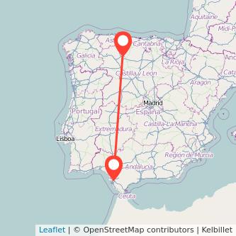 Mapa del viaje León Jerez de la Frontera en bus