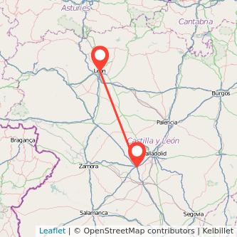 Mapa del viaje León Tordesillas en bus