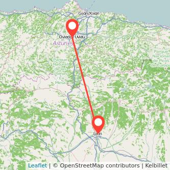 Mapa del viaje León Oviedo en tren