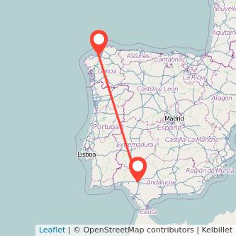 Mapa del viaje A Coruña Sevilla en bus