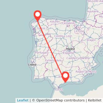Mapa del viaje A Coruña Málaga en tren