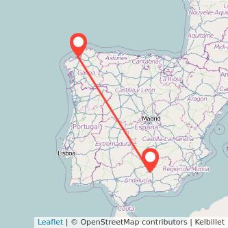 Mapa del viaje A Coruña Jaén en bus