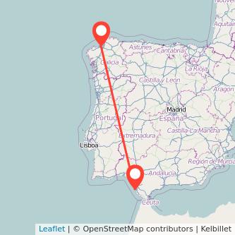 Mapa del viaje A Coruña Cádiz en bus