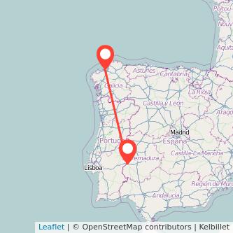 Mapa del viaje A Coruña Badajoz en bus