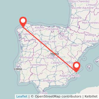 Mapa del viaje A Coruña Alicante en bus