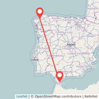 Mapa del viaje A Coruña Algeciras en bus