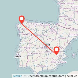 Mapa del viaje A Coruña Albacete en tren