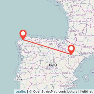 Mapa del viaje A Coruña Zaragoza en tren