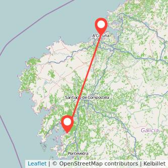 Mapa del viaje A Coruña Vilagarcía de Arousa en tren