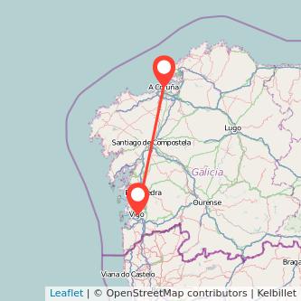 Mapa del viaje A Coruña Vigo en tren