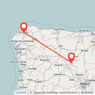 Mapa del viaje A Coruña Valladolid en bus