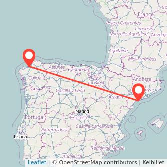 Mapa del viaje A Coruña Tarragona en tren