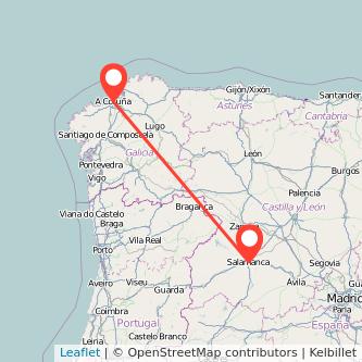 Mapa del viaje A Coruña Salamanca en bus