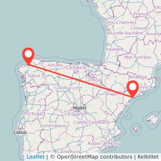 Mapa del viaje A Coruña Reus en tren