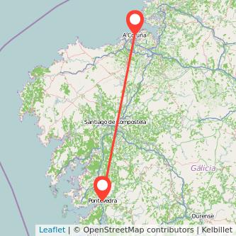 Mapa del viaje A Coruña Pontevedra en tren