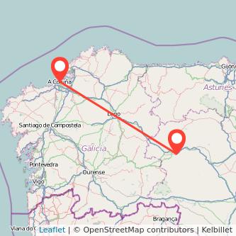 Mapa del viaje A Coruña Ponferrada en bus