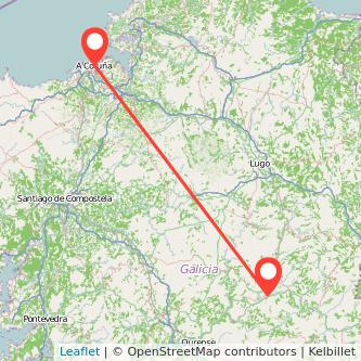 Mapa del viaje A Coruña Monforte de Lemos en tren