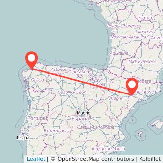 Mapa del viaje A Coruña Lérida en tren