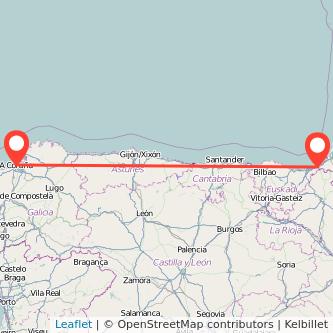 Mapa del viaje A Coruña Irún en tren