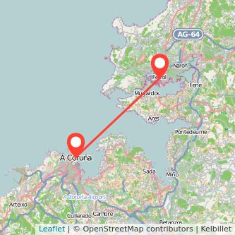 Mapa del viaje A Coruña Ferrol en tren