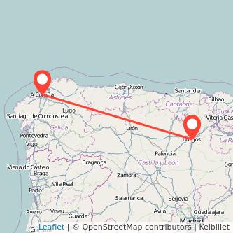 Mapa del viaje A Coruña Burgos en tren