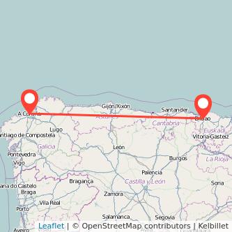 Mapa del viaje A Coruña Bilbao en tren