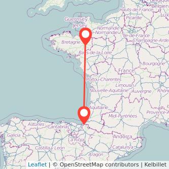 Mapa del viaje Irún Rennes en bus
